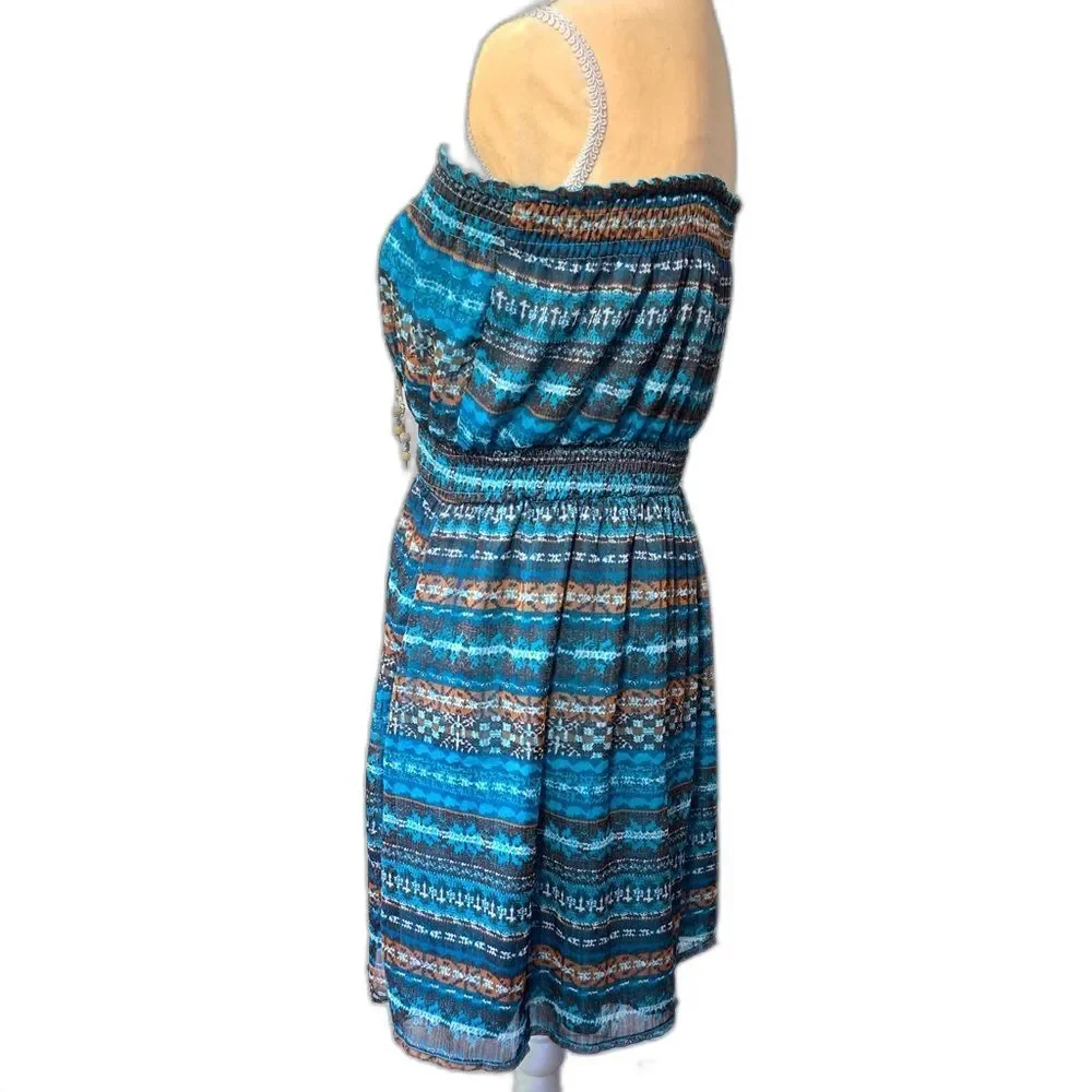 Ya Los Angeles‎ Silk like Strapless Dress Medium Blue Boho Smocked Mini